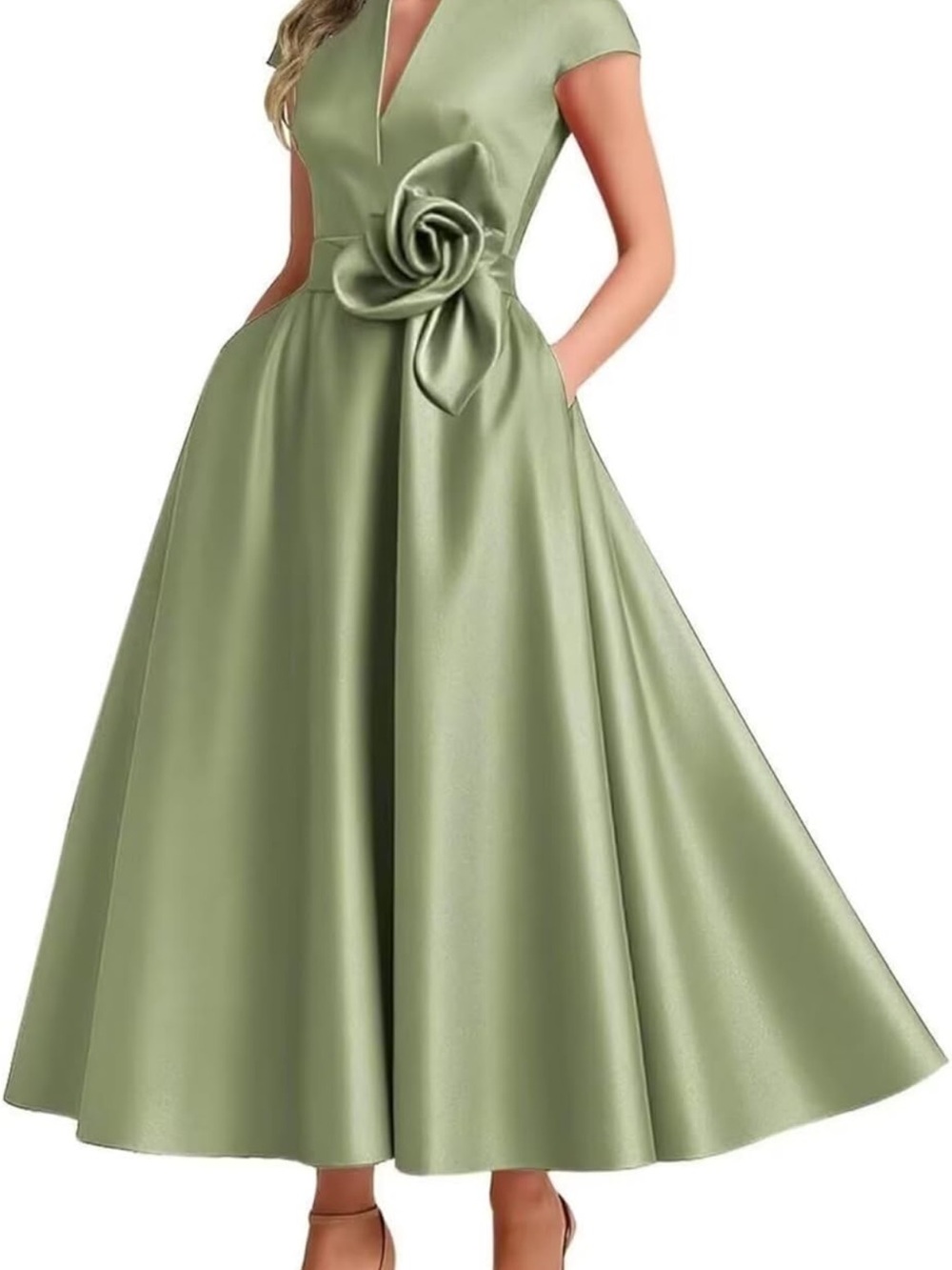 Sage Green Midi Dress with Rose Waist Detail